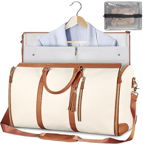 NOTRYA Convertible Carry on Garment Bags for Women, Garment Bags for Travel, 2 in 1 Foldable PU Leather Duffle Bag, Suit Carry On Garment Bag (Beige)