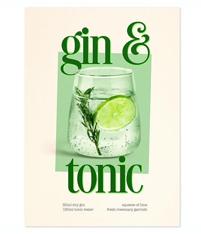 Gin & Tonic Print, Cocktail Poster, Framed Drink Wall Art, Modern Kitchen Decor, Drinks Poster, Gift Idea, Archival Matte, A5 (Print Only) - 21x14.8cm