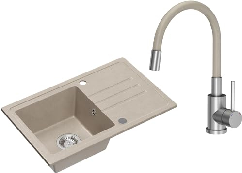 VBChome Fregadero de granito beige con grifería, 70 x 44 cm, para empotrar individual, moteado, reversible, de granito, sifón, color beige, grifo con caño flexible