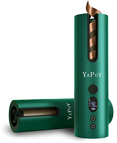 YAPOY Schnurlose Automatischer Lockenstab Wiederaufladbar Automatischer Lockenwickler mit 5 Temperaturen & Timer Wärmeisolationskammer LCD-Bildschirm Geeignet für kurzes und langes Haarstyling - Grün