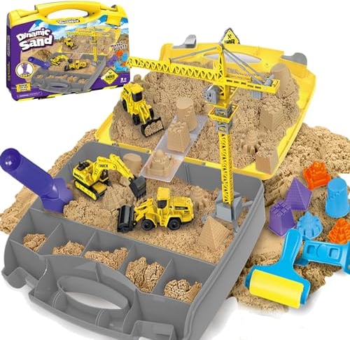 YUEMING Baustellen Sand Koffer mit 1000g Sand, 3 Mini-Fahrzeuge und 6 Sandformen, Sensorisch Sandspielzeug Baustellenfahrzeug und Zubehör für kreatives Indoor-Sandspiel, für Kinder ab 3 Jahren