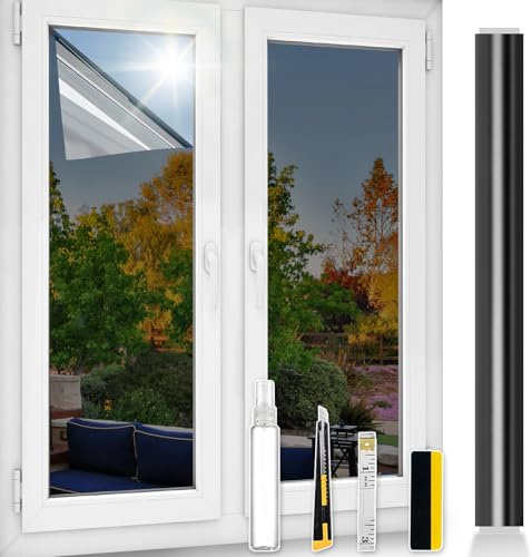 ConCus-T One Way Window Film UV Sun Blocking Heat Control Reflective Window Tint Static Cling Mirror Film Privacy Solar Film With Kits, Black Silver, 90x200cm