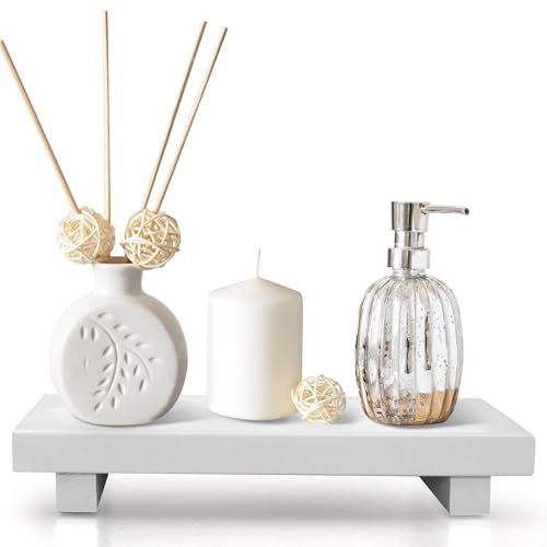 White Wooden Bathroom Tray Wood Riser Pedestal Stand Dish Soap Dispenser Holder for Kitchen Counter Bathroom Decor Decorative Kitchen Sink Countertop Trays Farmhouse Organizer Accessories Vanity Tray