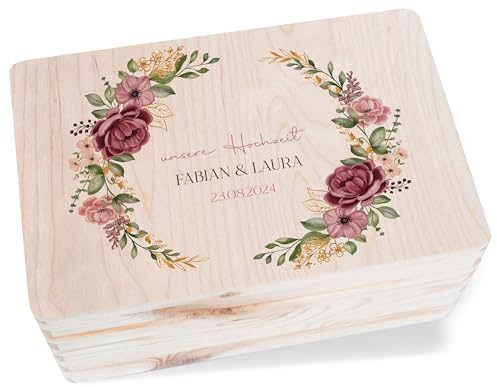 Holzkiste - Erinnerungsbox Unsere Hochzeit mit Rosen Blumenkranz Personalisiert | Hochzeitsgeschenke - 30 x 20 x 14 - Holz - geschenke für brautpaar￼ box liebe brautpaar kranz geschenkbox