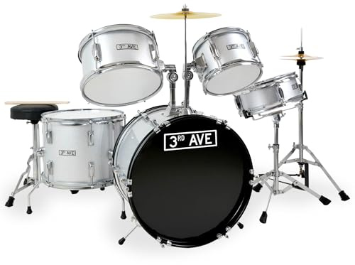 3rd Avenue Junior Kids Beginner Drum Kit, 5-Piece Drum Set with Cymbal, Stool & Sticks in Silver - FREE 6 Month Lessons