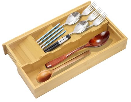 Beowanzk Bamboo Cutlery Tray, Expandable Drawer Organizer With 4 Compartments for Kitchen and Living Room