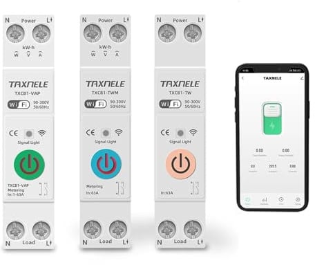 Tuya WiFi Interruptor Medidor Energia 10A 16A 20A 25A 32A 40A 63A VAP Rail DIN MCB Relé Sobretensión y protector contra sobrecorriente Smart Life App Control (TXCB1-TWM Metering, 63A)