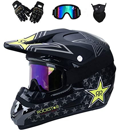 Unisex Volles Gesicht MTB Motocross Helm, mit Brille Maske Handschuhe, Jugend Kind Offroad Motorrad ATV Roller Absturz Helm, Bergab Quad Dirtbike Enduro Helm, Geschenk für Junge und Mädchen(Matt Black