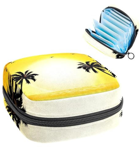 Sac de rangement pour serviettes hygiéniques, pochette pour gobelets menstruels, porte-serviettes menstruelles, organisateur pour femmes et filles, scène tropicale de palmier et coucher de soleil