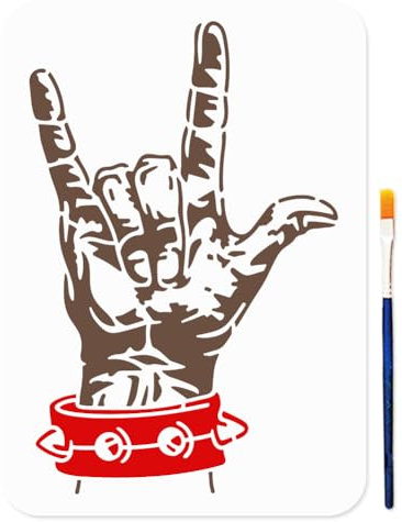 MAYJOYDIY Rock and Roll Stencil Rock Gesture Stencils with Paint Brush 29.7×21cm Rivet Bracelet Reusable Drawing Templates for Craft on Window Wood Wall Home Decoration