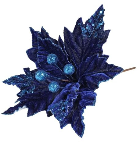 Apac 24cm Velvet Artificial Poinsettia Pick - Colour Choice - Glitter Christmas Craft (Royal Blue)
