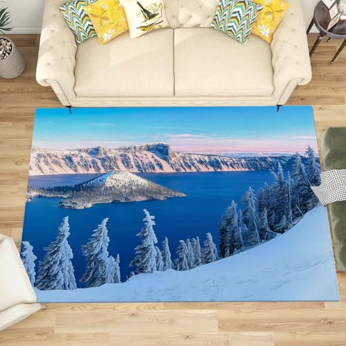Teppich Wohnzimmer, Natur Schneebedeckte Berge Mustern 240x340cm,Kurzflor Raumteppich Schlafzimmer Pflegeleicht und Extra Weich, Seen Inseln Schlafzimmerteppich für Küche Esszimmer Kinderzimmer