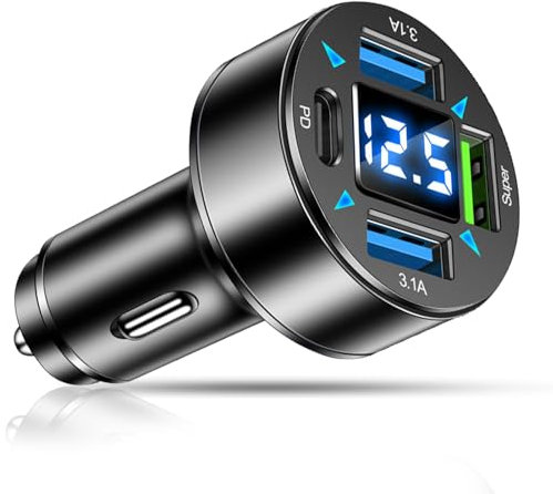 USB Auto Accendisigari, Caricabatterie Auto USB con 4 Porte, Inclusi Porte QC3.0 e PD, Adattatore Accendisigari con Voltmetro LED, Compatibile con Tablet e Smartphone, per Viaggi