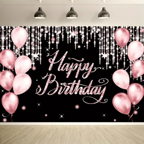 Bannière d'anniversaire Rose décorée avec Un Grand Panneau de Jardin Joyeux Anniversaire, Fond de Ballon Clignotant 210X150cm