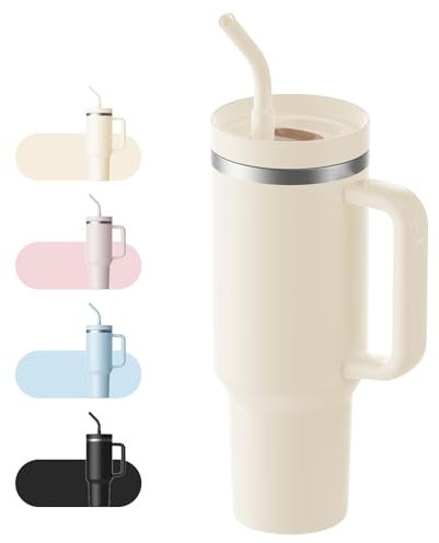 LEIKEEGO Travel Mug Coffee Cup, 1200ml/40oz Tumbler with Straw and Lid, Stainless Steel Double Wall Vacuum Insulated Coffee Cup with Handle-Keeps Cold for 24H-Hot for 12H(Cream Tonal)