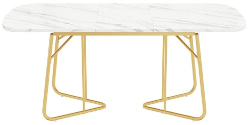 fullarrive Weißer Esstisch mit Marmoroptik &vergoldeten Beinen 180x80x75cm|Ausziehtisch für 4-6 Personen|Wohnzimmer-Küche-Balkon
