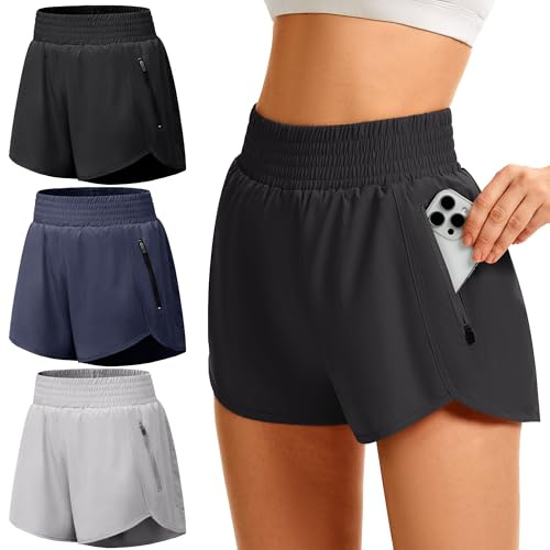GetGigt 3er Pack Damen Sporthose Kurz Sport Shorts mit Reißverschlusstasche | Schnell Trocknend,Leichtes,Atmungsaktives,High Waisted, Sommer Laufhose Trainingshose Laufshorts für Yoga Gym