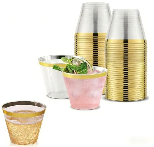 XIANJIA 50 Pack Clea Plastic Cups, 9oz Party Cups, Plastic Wine Glasses, Plastics Tumblers, Reusable Elegant Party Cup with Gold Rim for Beer, Spritzers, Juice, Water, Smoothies, Spirits (Gold Trim)