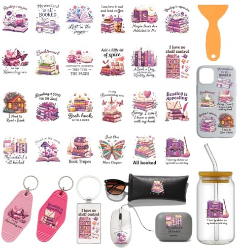 GOMAKERER 120pcs autocollant Porte Clés Livre Magique, 24 styles Autocollants Transfert UV DTF Sur Thème Amoureux des Livres Imperméables à Appliquer Par Frottement Sur une Carte Porte Clés Acrylique