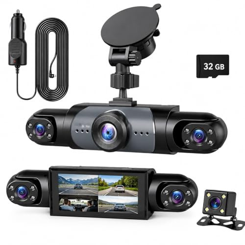 Dash CAM 4 Canales para Coche, Cámara de Salpicadero 360° FHD 1080P con WiFi y Pantalla 3,16, Visión Nocturna IR, Grabación en Bucle, Sensor G, Modo Parking, Tarjeta SD 32GB