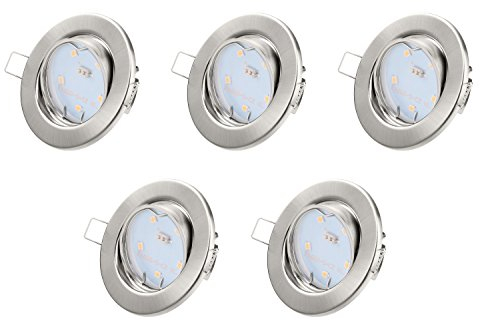 TEVEA Einbaustrahler Led - GU10 3W 230V - Warmweiss Kaltweiss - Chrom Gebürstet - Einbauspots, 5 Stück Einbauleuchten (Warmweiss - 3000K)