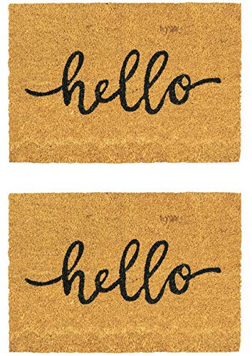 Nicola Spring Coir Door Mats - 90 x 60cm - Hello - Pack of 2 - Decorative Indoor Front Door Floor Mat Entry Dirt Trapper Rug Outdoor Boot Scraper Non Slip Backing Doormat