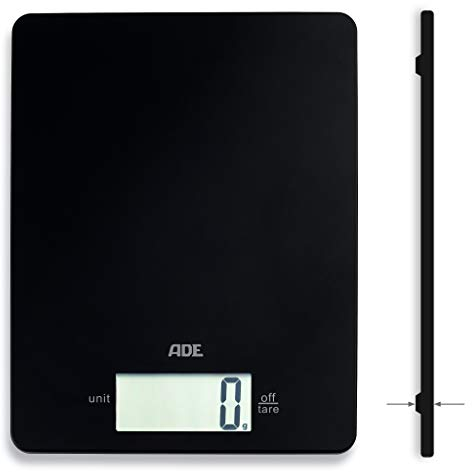 ADE Digitale Küchenwaage KE 1800-4 Leonie (Elektronische Küchenwaage Haushaltswaage digital, extrem flache Backwaage, präzises Wiegen bis 5 kg, Zuwiegefunktion) schwarz