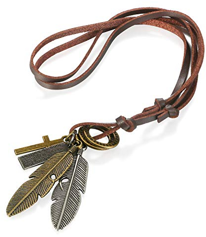 Flongo Damen Halskette Herren Anhänger Lederkette Anhänger Kette Braun Feder Blätter Kreuz Schrift Tag Verstellbar Kette Herren-Accessoires