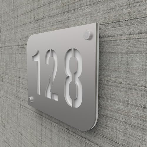 DECOHO - Plaque numéro de rue personnalisée PMMA argent brillant - Plaque maison design moderne - 20x15 cm, épaisseur 3 mm, avec entretoi - Blanc