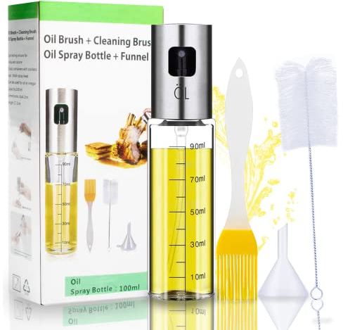 tEEZErshop Nebulizzatore Olio con scala, olio spray cucina per cucinare 4 in 1, bottiglia di olio e aceto ricaricabile con pennello da forno, spazzola per bottiglie e imbuto per olio.