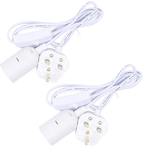 Kelamayi 2 Pack E27 Lamp Holder Socket,Pendant Light Ceiling Lighting Suspended Hanging Light Fitting Cable Plug with On/Off Switch-UK Plug for Ceiling Lamps Table Floor Lights (White)