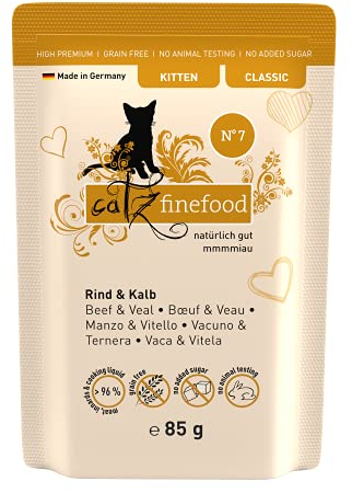 catz finefood Kitten N 7 Rind und Kalb Katzenfutter nass - Feinkost Kitten Nassfutter für junge Katzen ohne Getreide und Zucker mit hohem Fleischanteil, 16 x 85g Beutel