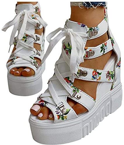 shownicer Sandales Compensees Femme Été Mode Mules Été Sabots à Enfiler Plateforme Plates Chaussures Bride Cheville Bout Ouvert Talon Chaussure Plates Confort Romaines
