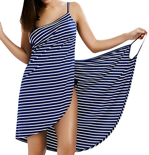 LumiSyne Bikini Copricostumi e Parei Donna Abito da Spiaggia Costumi da Bagno Copricostumi Vestito a Righe Moda Scollo a v Sexy Vestito Senza Maniche Mare,Frange Strette Blu Scuro,3XL
