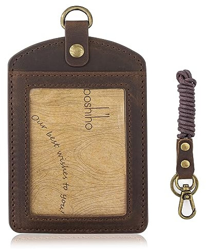 Boshiho Porte-badge en cuir de vachette avec cordon tour de cou, porte-carte de crédit vertical pour bureau, étudiants, affaires (marron foncé)