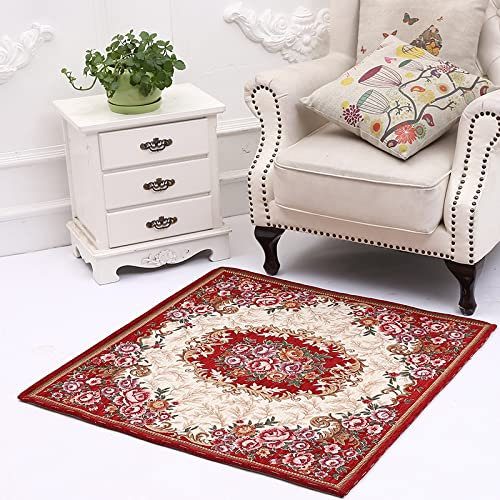 makeups69 Teppich Quadratisch rutschfest waschbarer, Teppiche Orientteppich Webteppich Kurzflorteppich für Wohnzimmer Schlafzimmer Esszimmer,Weinrot, rosa Rose, klassisches Design 150 x 150 cm