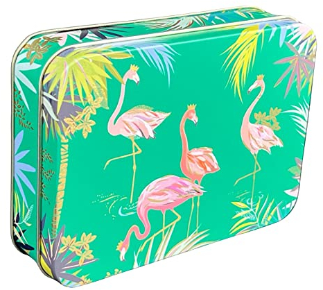 MediMuc Geschenkdose Design Sara Miller - Liebevoll gestaltete rechteckige Bonbondose - Motiv Flamingo - Bonbondose, Keksdose, Blechdose - Maße (L x B x H) 14,2 x 10,1 x 3,7cm