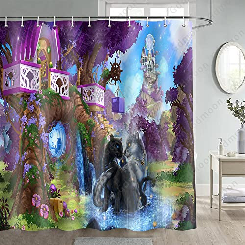 Gdmoon Fantasy Forest Castle Shower Curtain Purple Fairy Tale Wonderland Magic Tree House Cartoon Funny Creepy Black Cat Polyester Fabric Home Bathroom Decor 72X72In YLRLGD565