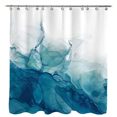 Sunlit Ombre Teal Abstract Textured Slubbed Fabric Shower Curtain, Watercolor Gradient Waves Shower Curtains for Bathroom Decoration, 71x71, Turquoise (SC001)