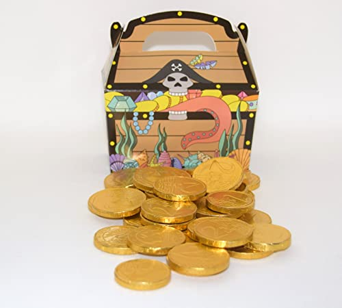 170g Goldmünzen aus Milchschokolade plus 1x Piraten-Schatzkiste aus Karton I ca. 25 Stück I Fair Trade Kakao I Ideal als Mitgebsel und für Kindergeburtstage