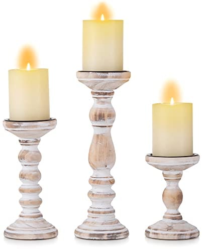 Inweder Rustikales Holz Kerzenhalter Säule - 3 Teiliges Holz Kerzenhalter Set Säulenkerzenhalter Set Distressed Weiß Teelichthalter für Hochzeits Mittelstücke Bauernhaus Zuhause Raumdekoration