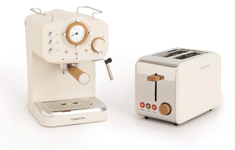 CREATE/PACK TOAST RETRO + THERA MATT RETRO/Espresso-Kaffeemaschine und Toaster für breite Scheiben, Creme/Verstellbare Tropfschale, Krümelfach, Thermostat, 6 Leistungsstufen