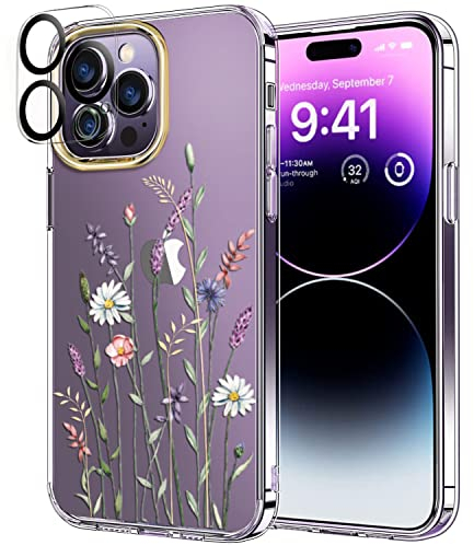 luolnh Compatible with iPhone 14 Pro Case with Flowers,for Girly Women,Shockproof Clear Floral Pattern Hard Back Cover for iPhone 14 Pro 6.1 inch 2022 -Wildflower