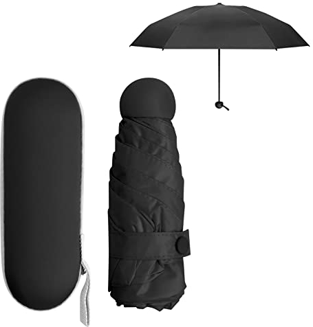 Mini Ombrello Pieghevole per Donna Uomo Bambino, Ombrello da Viaggio Piccolo Tascabile, 6 Costole Ombrellos con Custodia, Umbrella Pioggia Antivento Anti UV, Ombrello Compatto per Scuola (Nero)