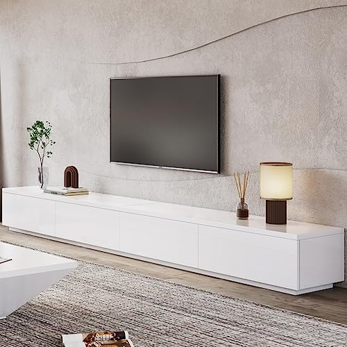 POVISON Meuble TV Moderne 300cm, Longue Console multimédia avec 4 tiroirs, Blanc, entièrement assemblé.