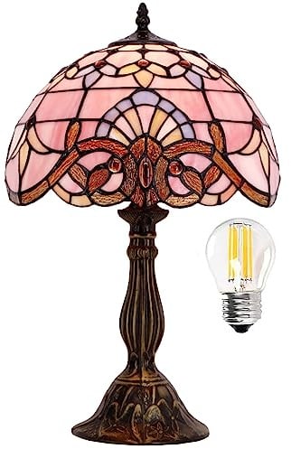 WERFACTORY Tiffany Lamp Bedside Pink Stained Glass Table Lamp 18 Inch Tall