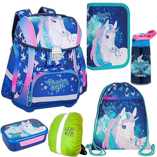 Schulranzen-set Unicorn Einhorn Ranzen Schulranzen Kinderrucksack, Federmappe, Schuhbeutel, Regenschutz, Trinkflasche, Brotdose, Motivdruck Unicorn Einhorn Style 6-teilig