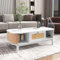 Merax Couchtisch, Moderner Kaffeetisch mit Schubladen und Schiebetüren aus Massivholzplatten, Wohnzimmertisch mit Stauräume, Multifunktionaler Beistelltisch Sofatisch, Landhausstil, Natur & Weiß