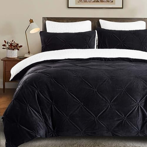 Lanqinglv Warme Winter Bettwäsche 155x220 Schwarz Flauschig Teddy Fleece Cashmere Touch Winterbettwäsche Plüsch Flanell Sherpa Pintuck Bettbezug mit Reißverschluss und 1 Kissenbezug 80x80cm