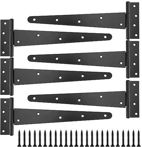 SINJEUN 6 Pcs 12 Inch T Hinges, Black Heavy Duty Shed Barn Door Hinge with Mounting Screws, Upgraded and Thickened Metal Strap Gate Hinges for Fences, Windows, Cabinets